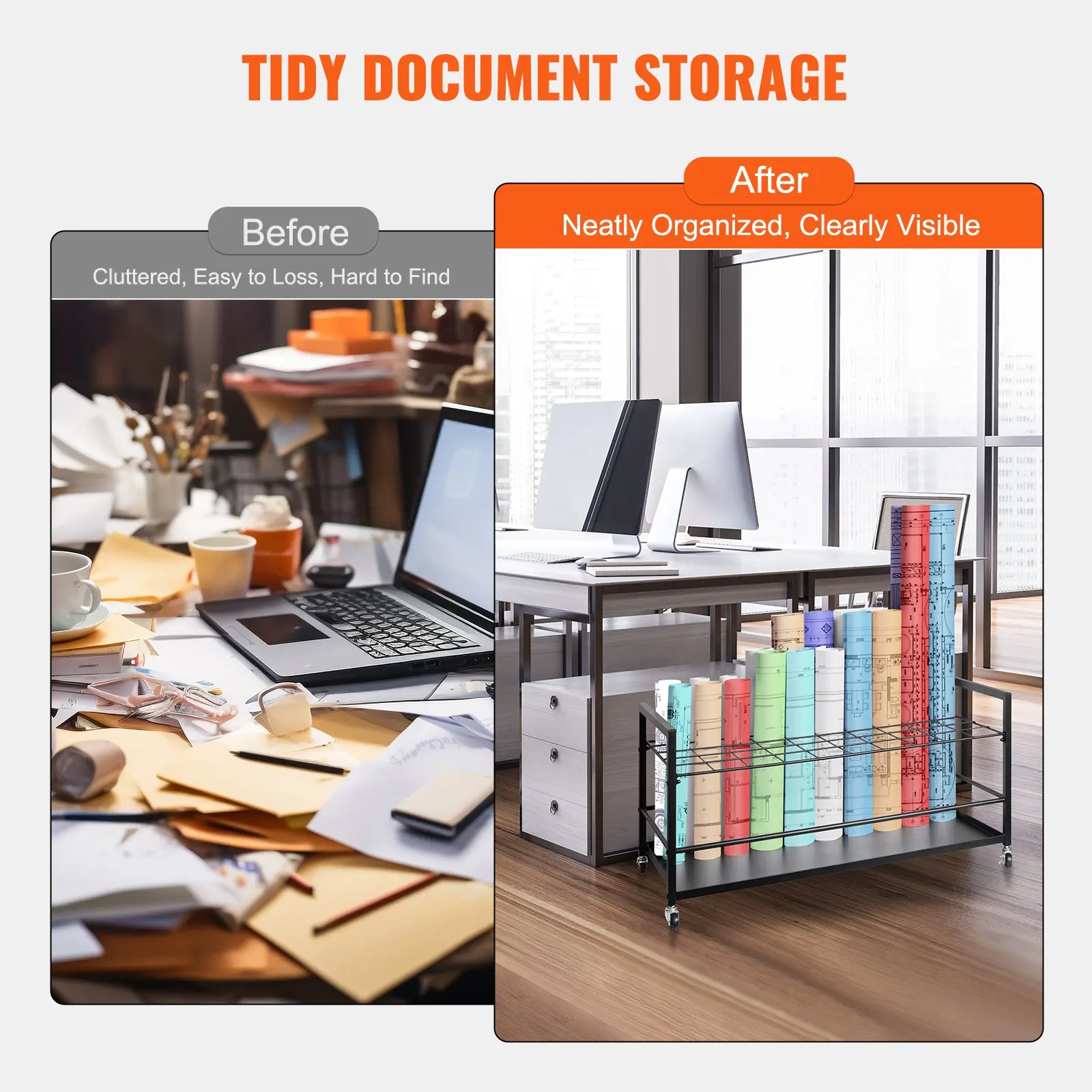 VEVOR Blueprint Storage Rack 50 Slots Mobile Roll File Holder for Architectural, Blue Print Storage Organizer - Mobile Roll File Cart, Construction Plan Holders, Blueprint Cabinet with Wheels, Roll Files Storage for Office and Home - Image 4