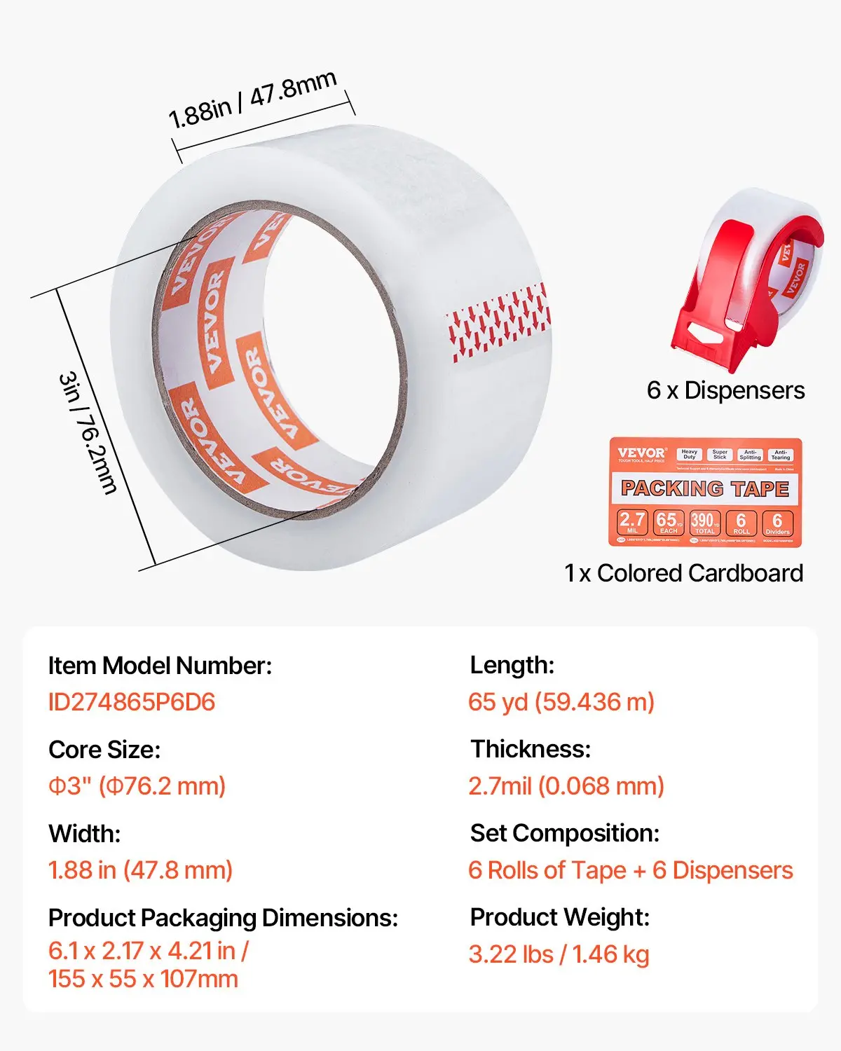 Clear Packing Tape 6 Rolls 65 Yards Clear Shipping Tape with Dispenser 2.7 Mil - Image 6