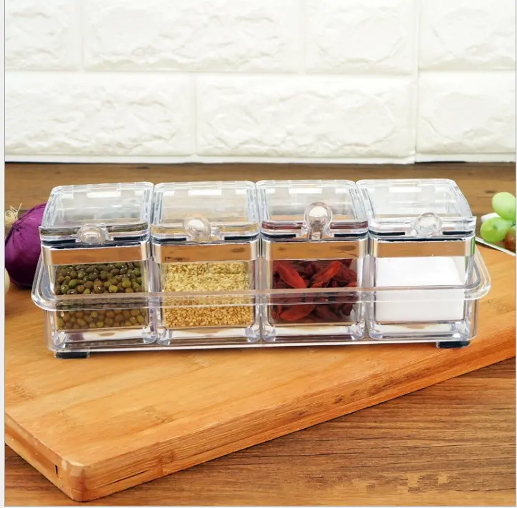 European acrylic seasoning box Stainless steel sealing ring transparent environmental condiment box suit kitchen supplies - Image 46