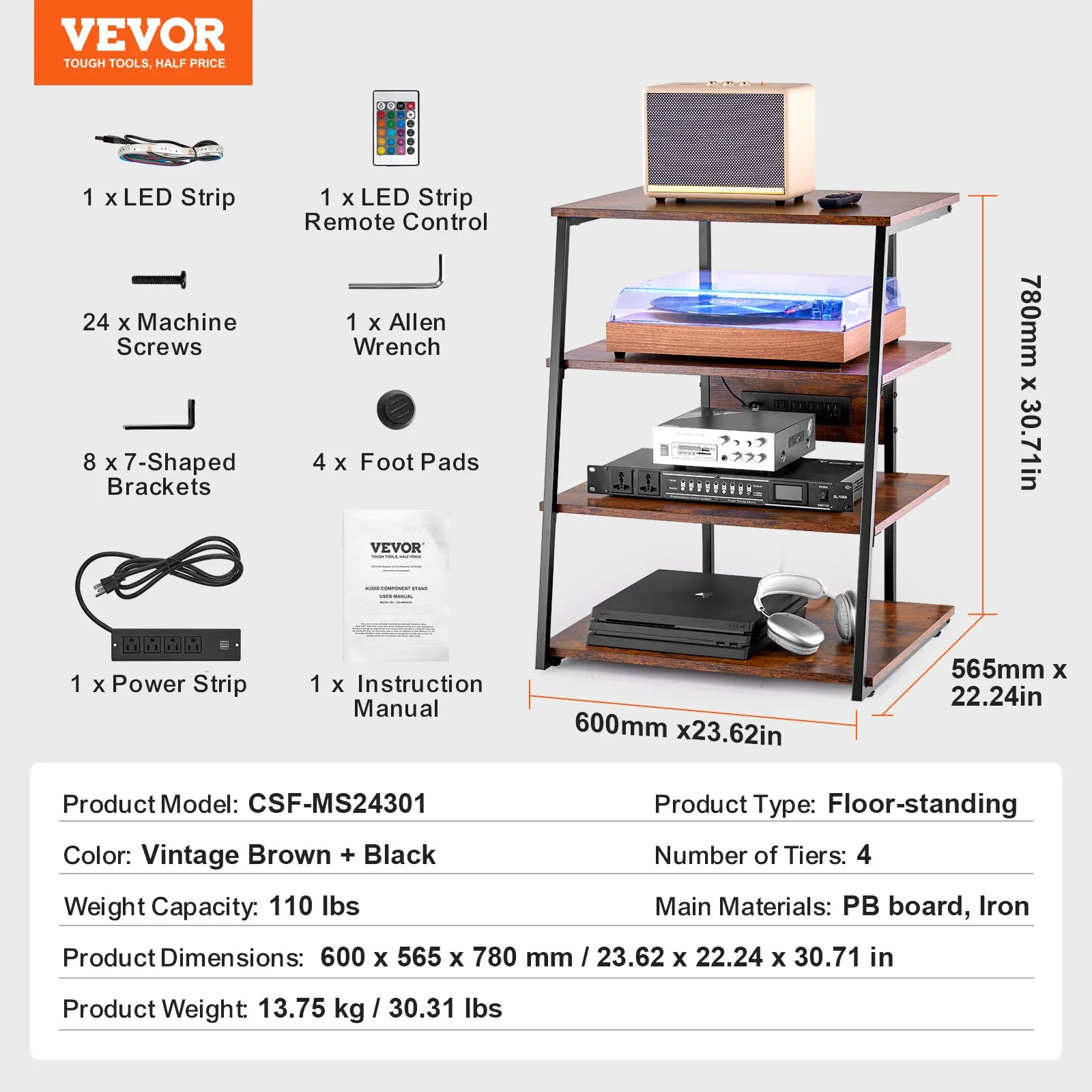 VEVOR 4-Tier AV Media Stand with Power Strips, Corner TV Stand with LED Lights, Height Adjustable Wooden Shelves for DVD Players/Cable Boxes/Games Consoles, Brown - Image 6