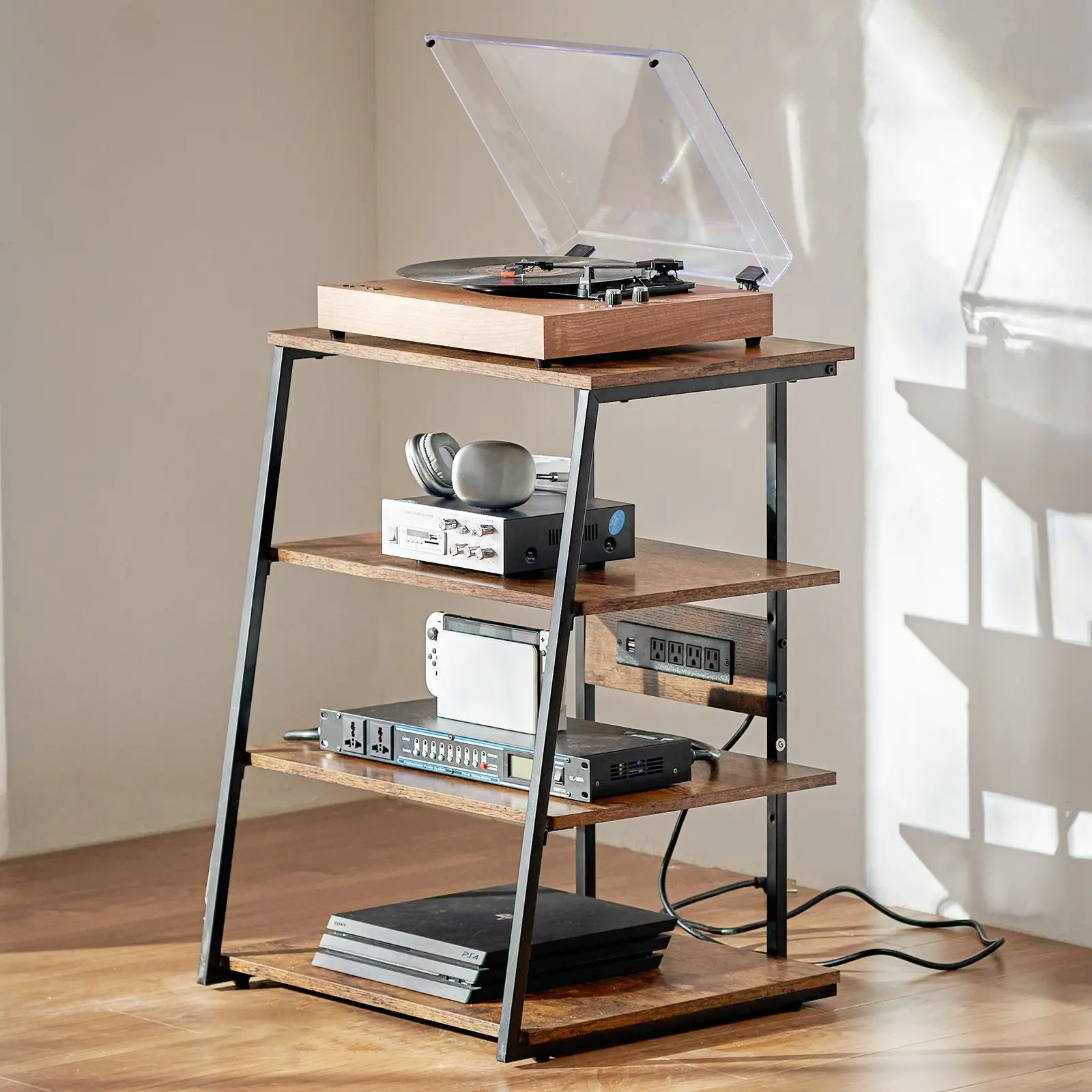 VEVOR 4-Tier AV Media Stand with Power Strips, Corner TV Stand with LED Lights, Height Adjustable Wooden Shelves for DVD Players/Cable Boxes/Games Consoles, Brown - Image 7