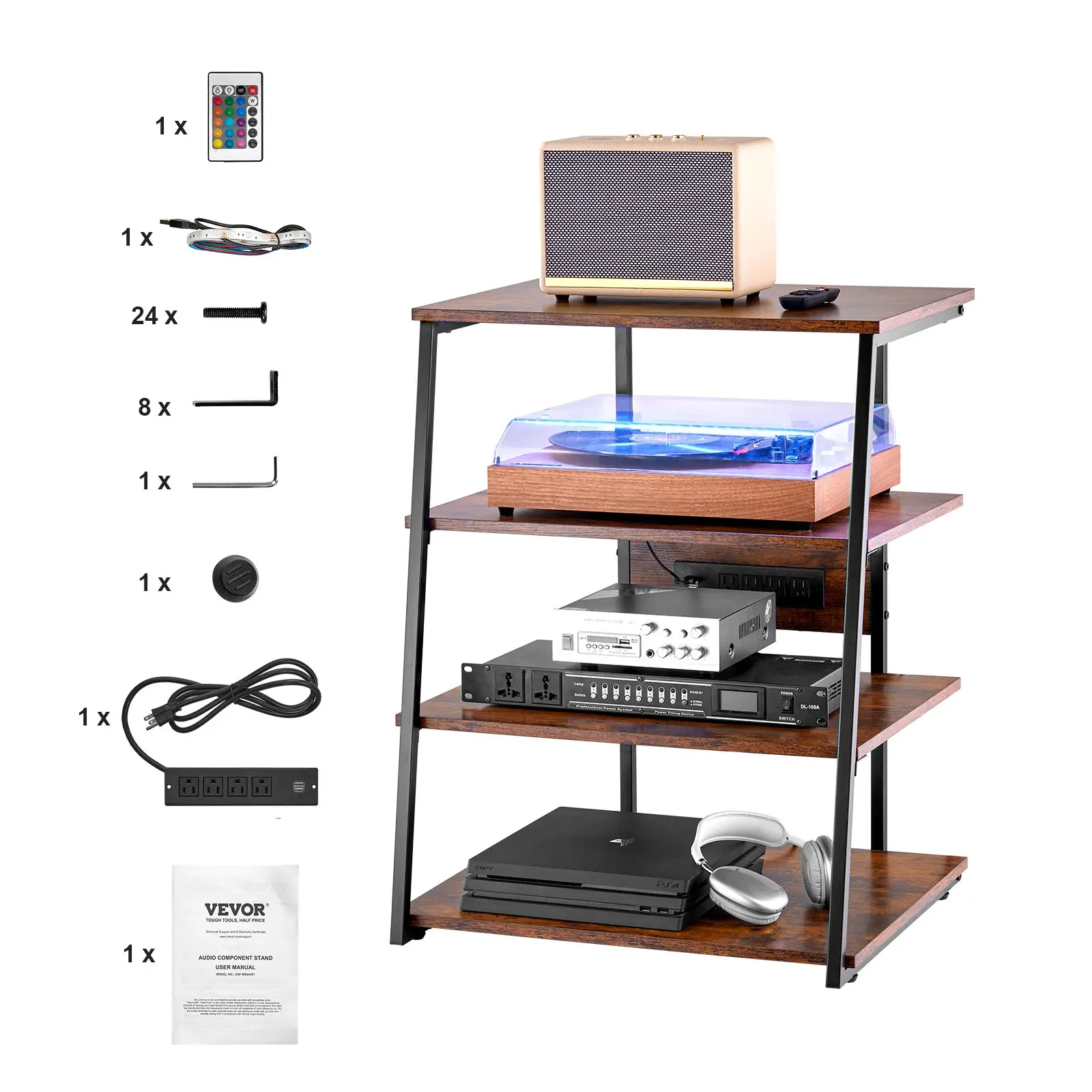 VEVOR 4-Tier AV Media Stand with Power Strips, Corner TV Stand with LED Lights, Height Adjustable Wooden Shelves for DVD Players/Cable Boxes/Games Consoles, Brown - Image 8