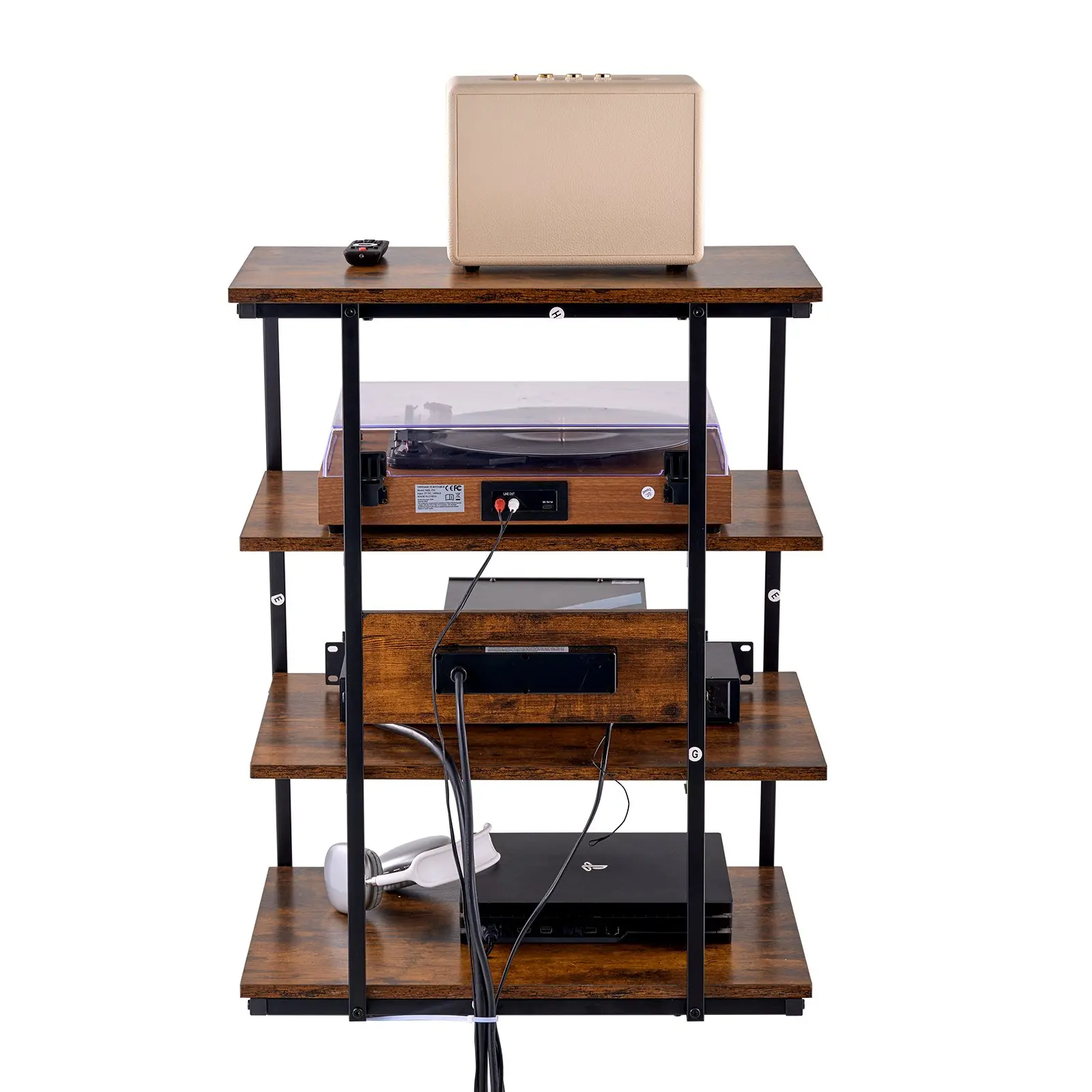 VEVOR 4-Tier AV Media Stand with Power Strips, Corner TV Stand with LED Lights, Height Adjustable Wooden Shelves for DVD Players/Cable Boxes/Games Consoles, Brown - Image 9