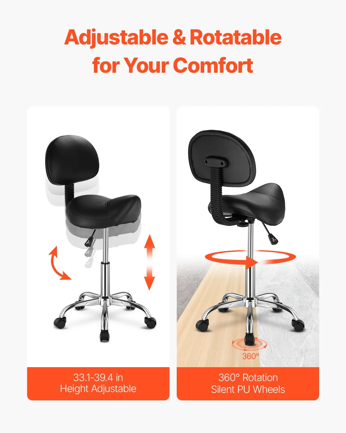 VEVOR Saddle Stool with Back Support and Wheels, 450 LBS Weight Capacity Ergonomic Rolling Stool, Height Adjustable Thickened PU Leather Swivel Saddle Chair for Salon, Spa, Massage, Tattoo, Black - Image 3