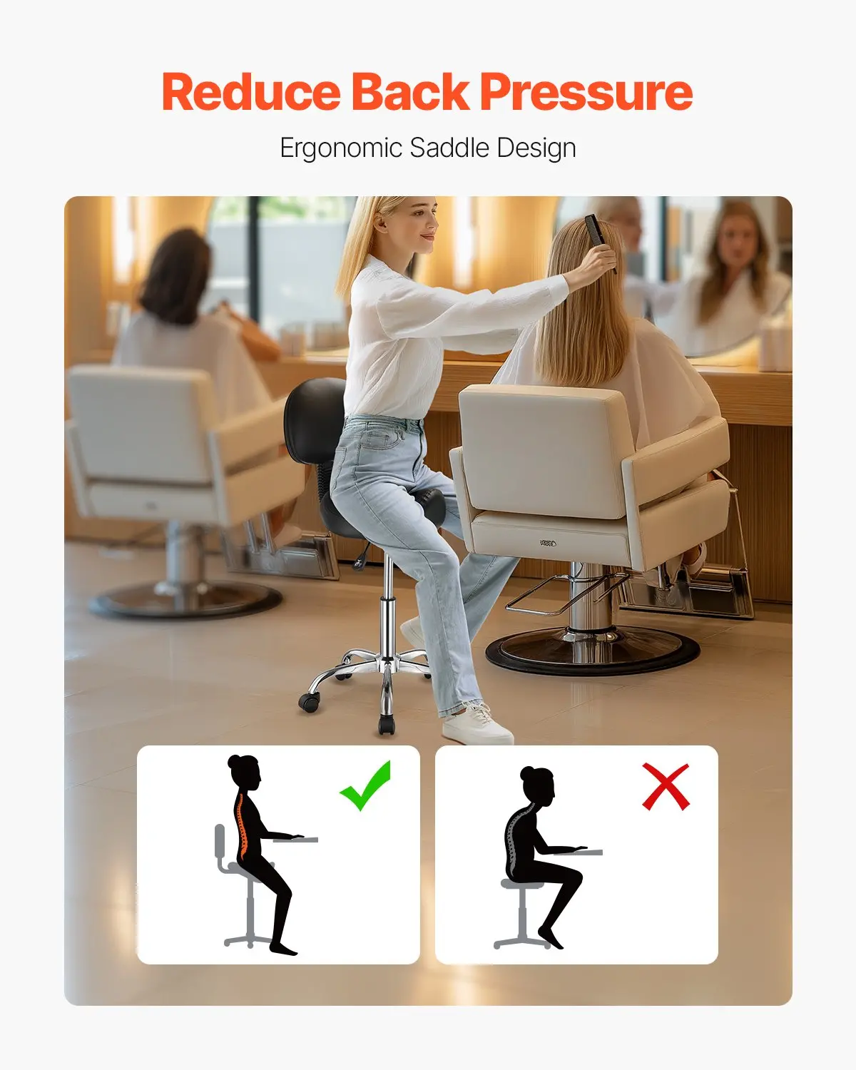 VEVOR Saddle Stool with Back Support and Wheels, 450 LBS Weight Capacity Ergonomic Rolling Stool, Height Adjustable Thickened PU Leather Swivel Saddle Chair for Salon, Spa, Massage, Tattoo, Black - Image 4