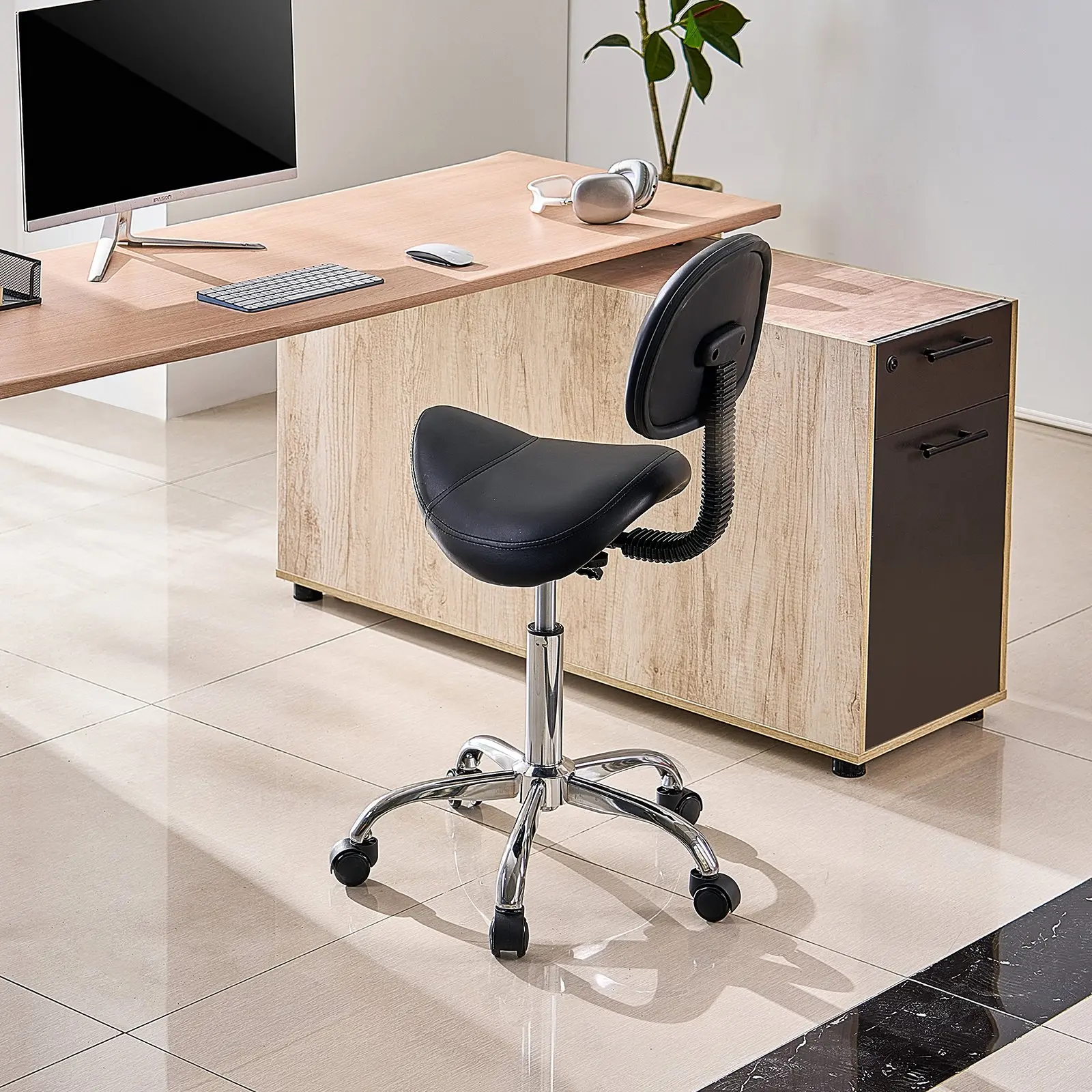 VEVOR Saddle Stool with Back Support and Wheels, 450 LBS Weight Capacity Ergonomic Rolling Stool, Height Adjustable Thickened PU Leather Swivel Saddle Chair for Salon, Spa, Massage, Tattoo, Black - Image 7