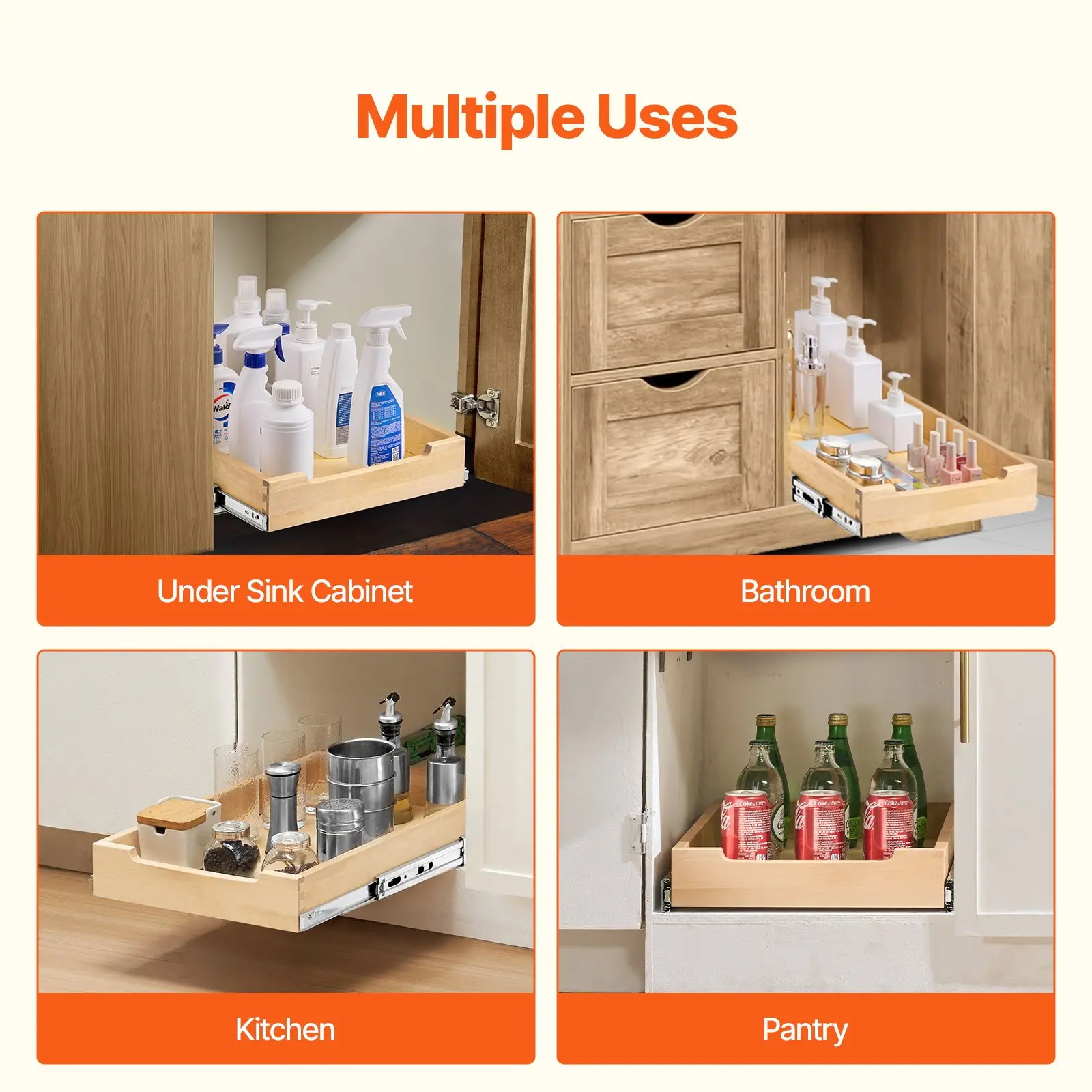 VEVOR Pull Out Cabinet Organizer, 14"W x 21"D Cabinet Drawer, Soft Close Slide out Shelf, Heavy-Duty Sliding Wood Drawer, Bottom and Side Assembly Base Cabinet Organization for Kitchen Pantry Bathroom - Image 5