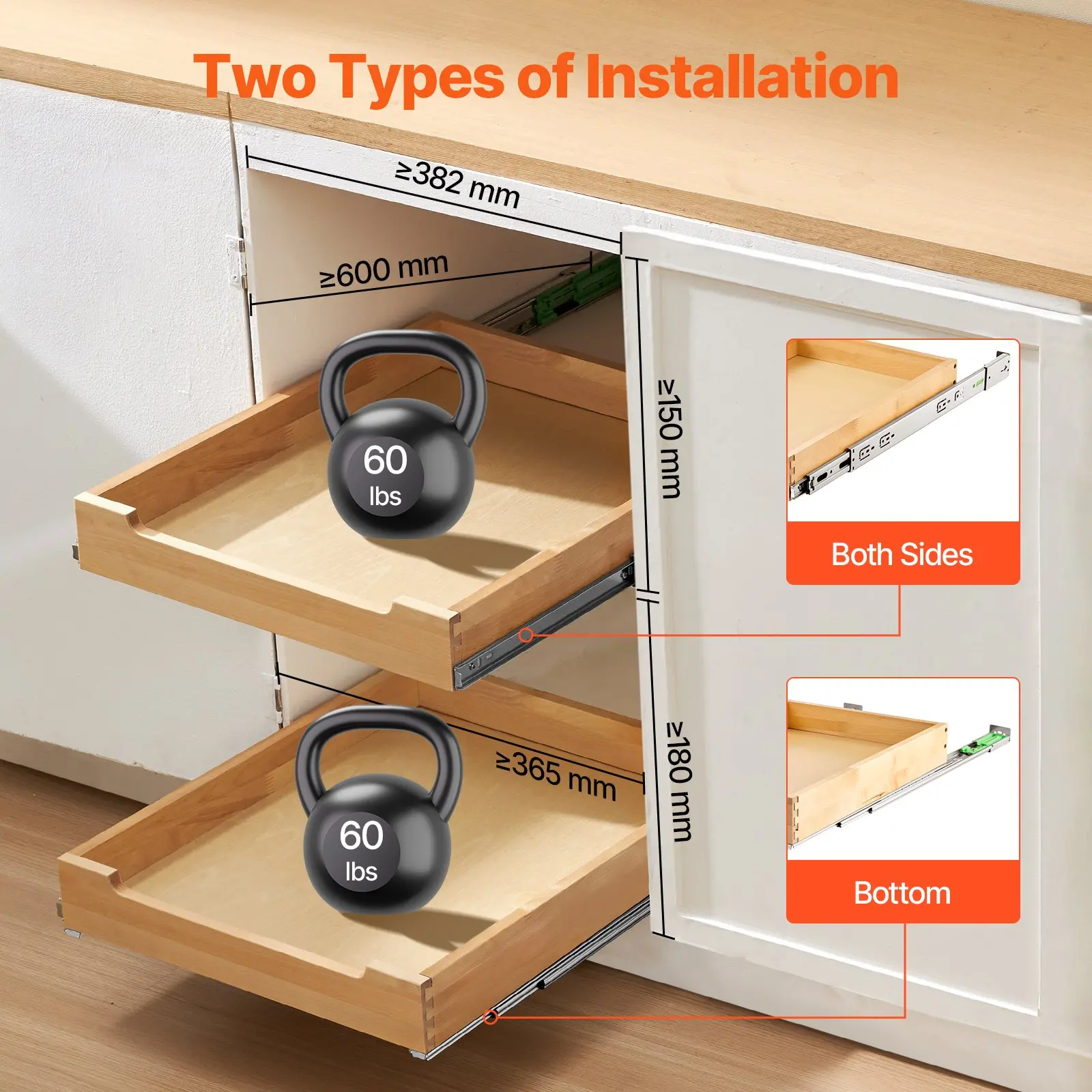 VEVOR Pull Out Cabinet Organizer, 20"W x 21"D Cabinet Drawer, Soft Close Slide out Shelf, Heavy-Duty Sliding Wood Drawer, Bottom and Side Assembly Base Cabinet Organization for Kitchen Pantry Bathroom - Image 4