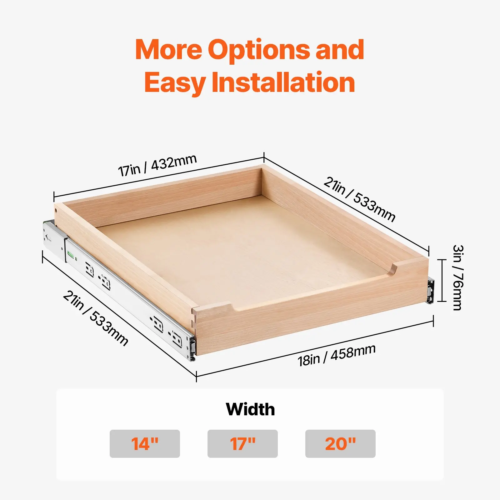 VEVOR Pull Out Cabinet Organizer, 17"W x 21"D Cabinet Drawer, Soft Close Slide out Shelf, Heavy-Duty Sliding Wood Drawer, Bottom and Side Assembly Base Cabinet Organization for Kitchen Pantry Bathroom - Image 6