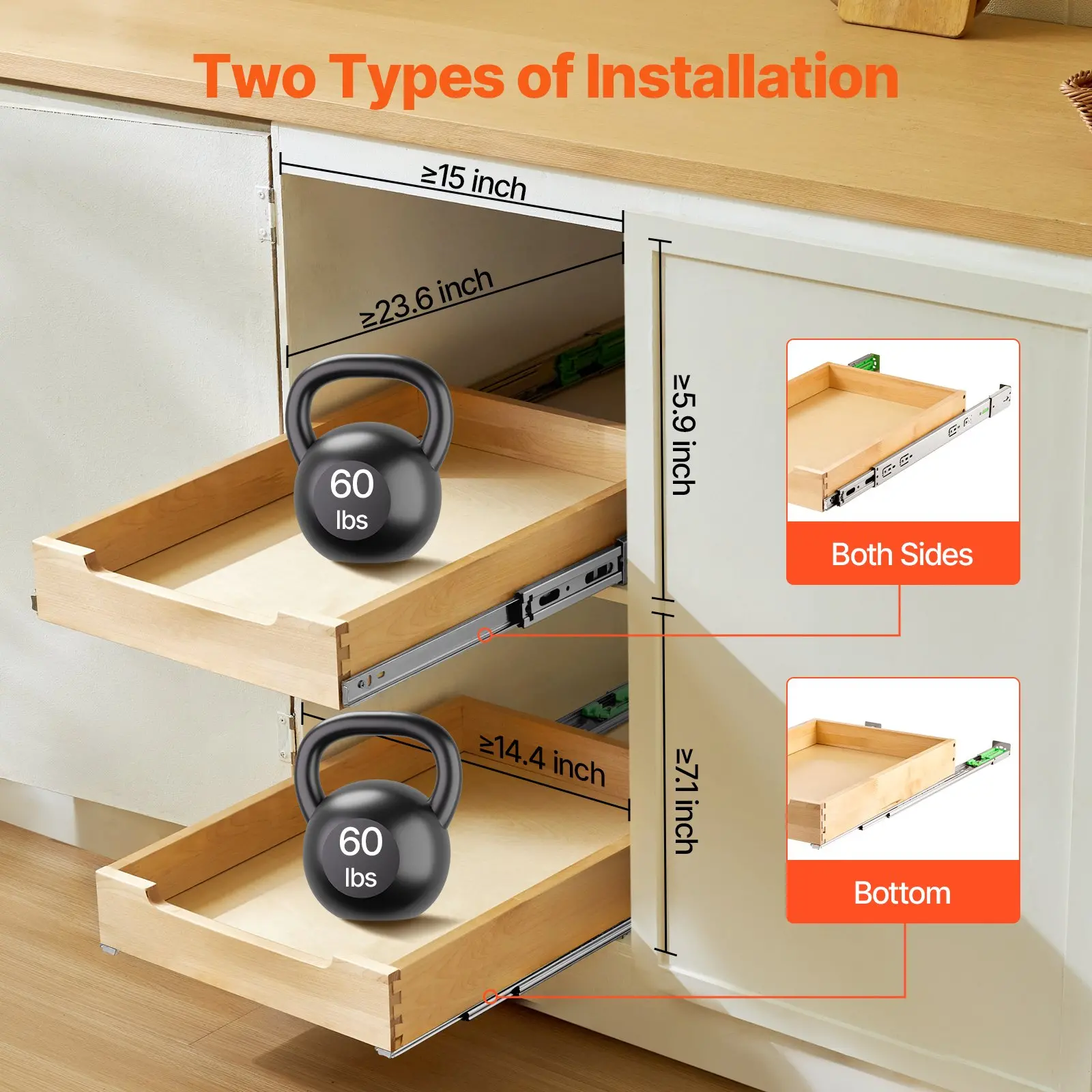 VEVOR Pull Out Cabinet Organizer, 14"W x 21"D Cabinet Drawer, Soft Close Slide out Shelf, Heavy-Duty Sliding Wood Drawer, Bottom and Side Assembly Base Cabinet Organization for Kitchen Pantry Bathroom - Image 11
