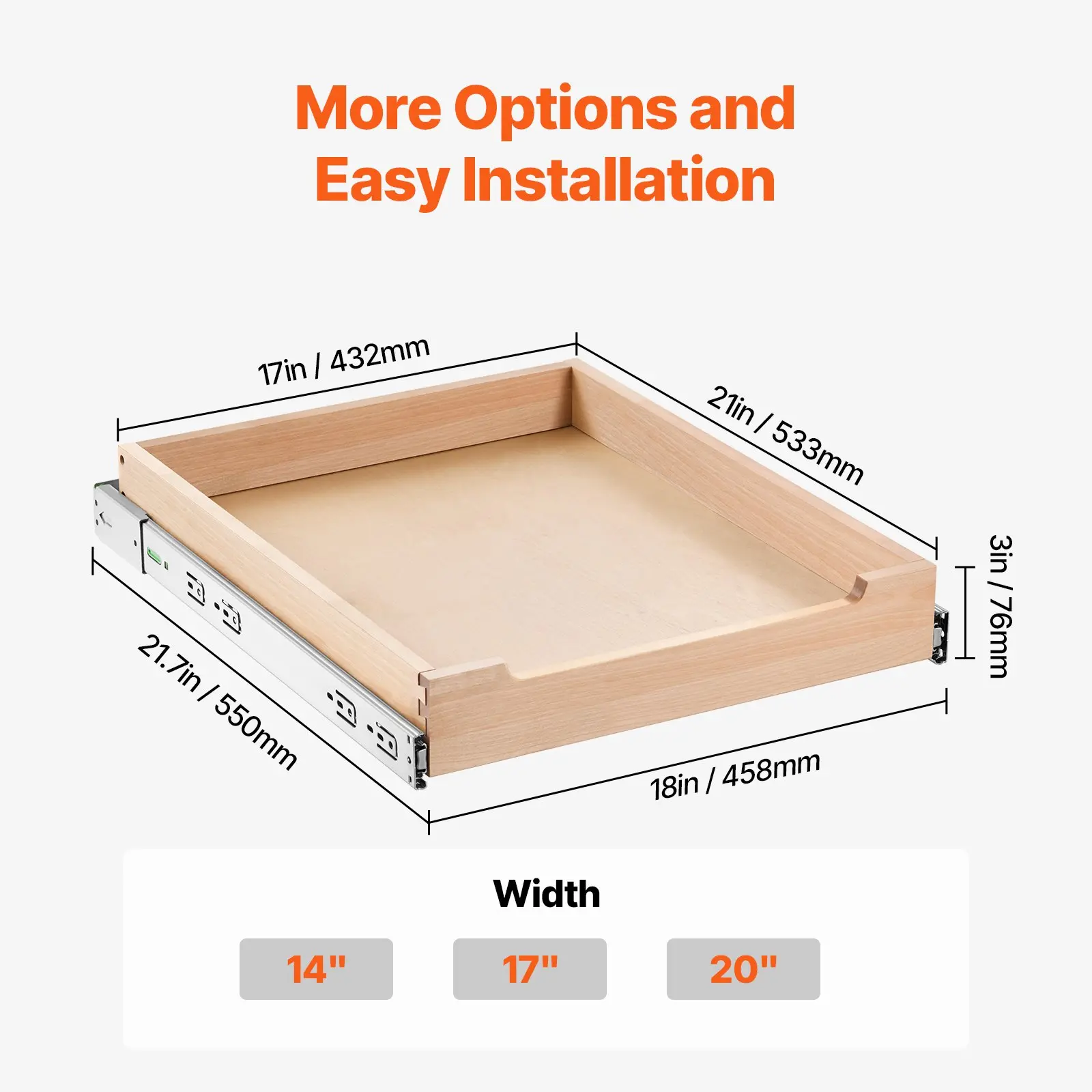 VEVOR Pull Out Cabinet Organizer, 17"W x 21"D Cabinet Drawer, Soft Close Slide out Shelf, Heavy-Duty Sliding Wood Drawer, Bottom and Side Assembly Base Cabinet Organization for Kitchen Pantry Bathroom - Image 12